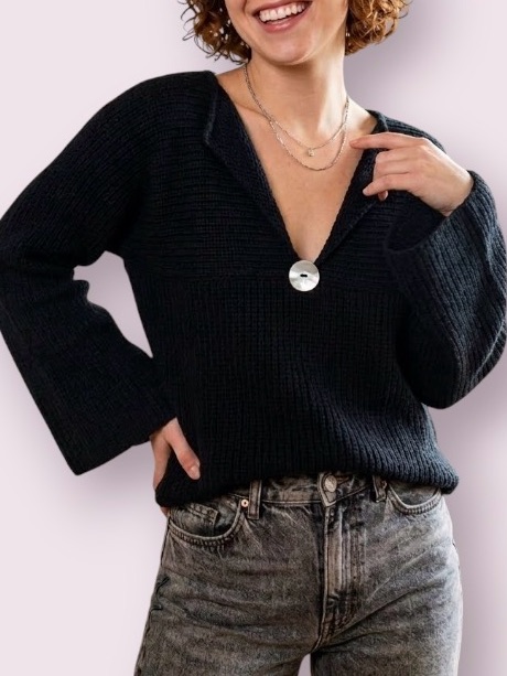 Pure Handknit For Fresh Produce V-Neck Cotton Bell Sleeve Single Button Sweater